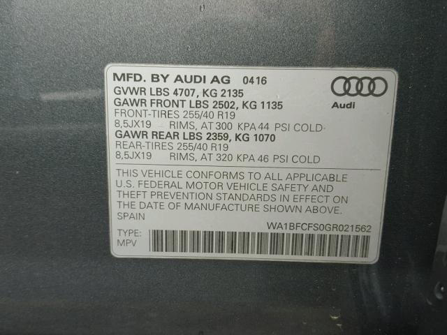 WA1BFCFS0GR021562 - 2016 AUDI Q3 PREMIUM GRAY photo 10