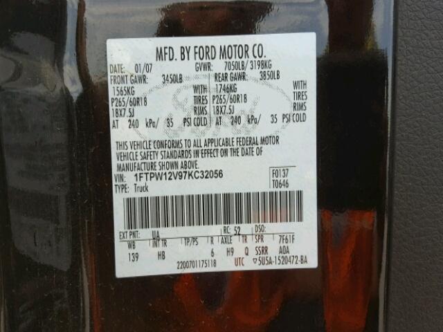 1FTPW12V97KC32056 - 2007 FORD F150 Noir photo 10