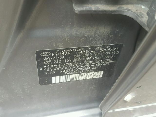 KMHDU46D79U784766 - 2009 HYUNDAI ELANTRA GL GRAY photo 10