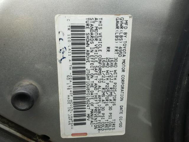 JT6HF10U8Y0126247 - 2000 LEXUS RX 300 SILVER photo 10