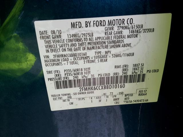 2FMHK6CCXBBD10160 - 2011 FORD FLEX SEL ტალღისფერი ფოტო 10