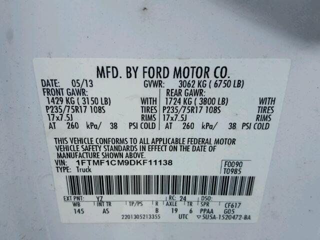 1FTMF1CM9DKF11138 - 2013 FORD F150 WHITE photo 10