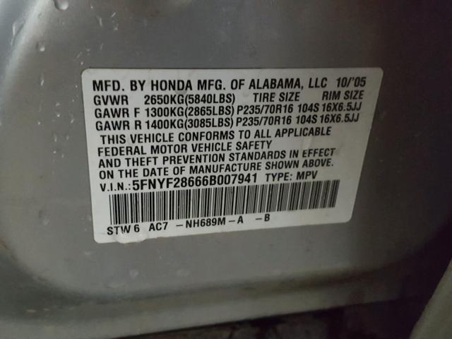 5FNYF28666B007941 - 2006 HONDA PILOT EX SILVER photo 10