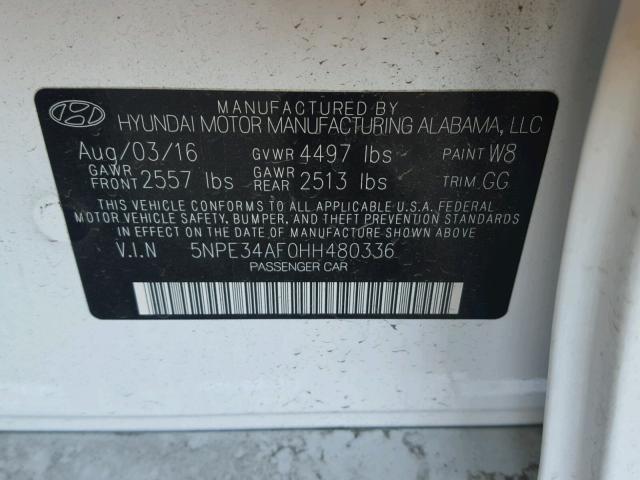 5NPE34AF0HH480336 - 2017 HYUNDAI SONATA SPO WHITE photo 10