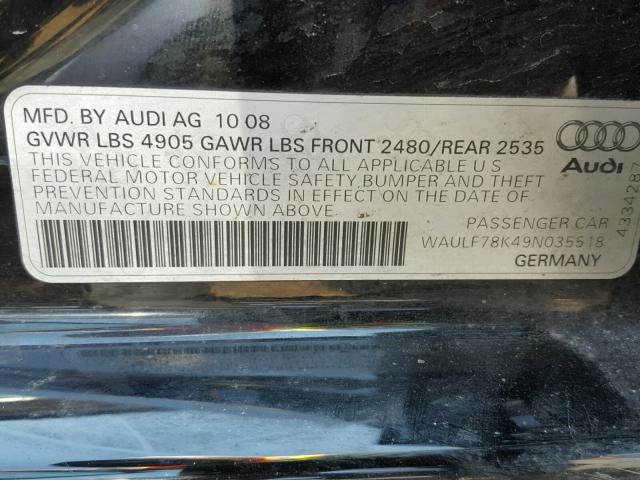 WAULF78K49N035518 - 2009 AUDI A4 2.0T QU BLACK photo 10