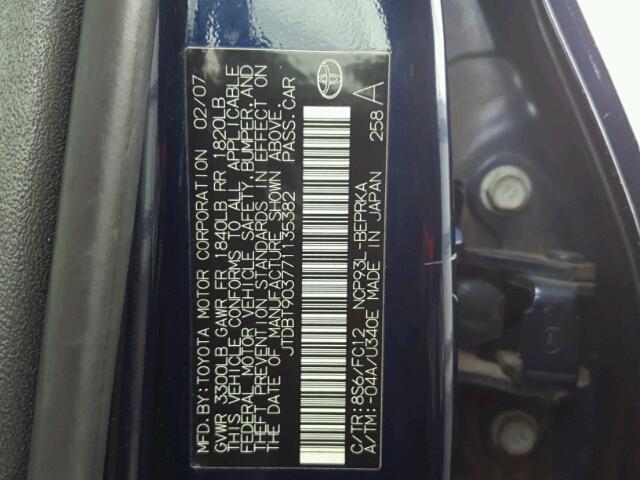 JTDBT903771135382 - 2007 TOYOTA YARIS BLUE photo 10