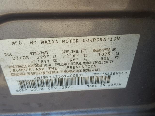 JM1BK143361400831 - 2006 MAZDA 3 HATCHBAC GRAY photo 10