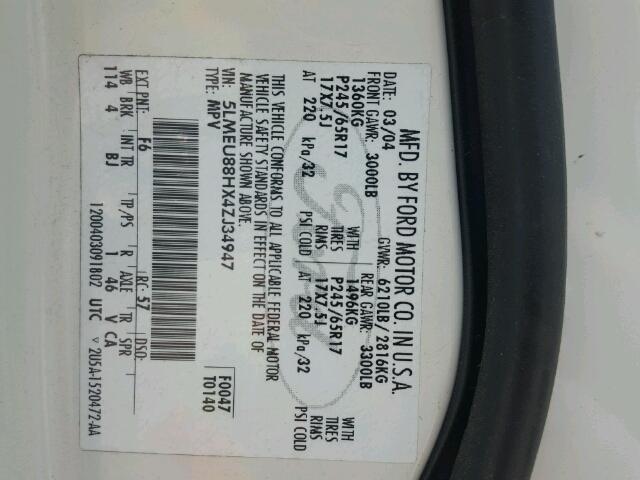 5LMEU88HX4ZJ34947 - 2004 LINCOLN AVIATOR 白色 照片 10