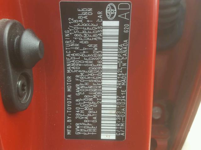 2T1BU4EEXDC986383 - 2013 TOYOTA COROLLA BA RED photo 10