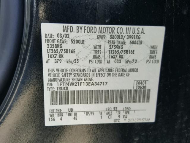 1FTNW21F13EA34717 - 2003 FORD F250 SUPER BLACK photo 10