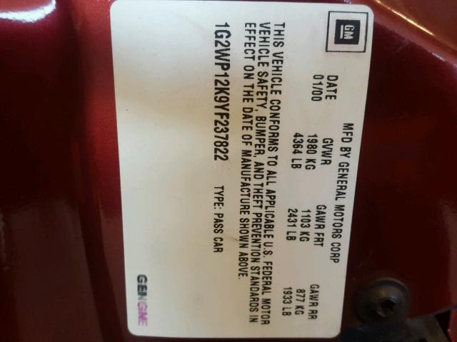 1G2WP12K9YF237822 - 2000 PONTIAC GRAND PRIX წითელი ფოტო 10