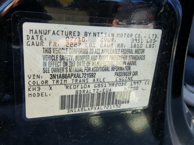 3N1AB6APXAL721592 - 2010 NISSAN SENTRA 2.0 BLACK photo 10