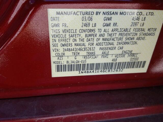 1N4BA41E46C852632 - 2006 NISSAN MAXIMA SE RED photo 10