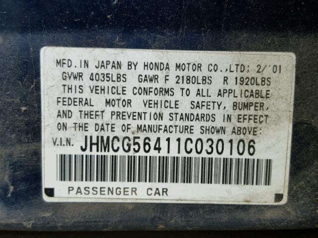 JHMCG56411C030106 - 2001 HONDA ACCORD LX BLUE photo 10