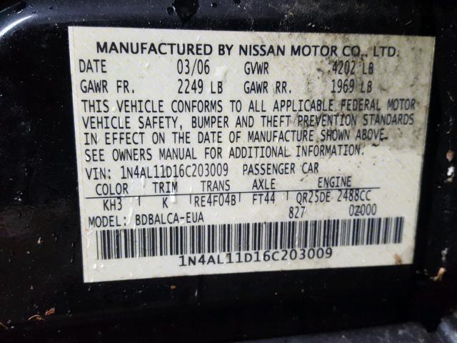 1N4AL11D16C203009 - 2006 NISSAN ALTIMA S BLACK photo 10