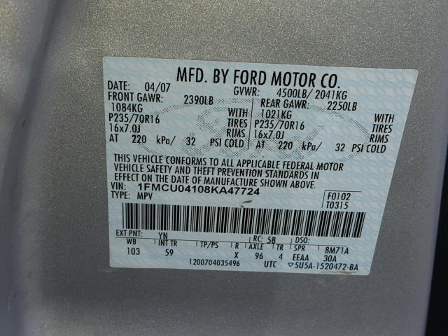 1FMCU04108KA47724 - 2008 FORD ESCAPE LIM SILVER photo 10