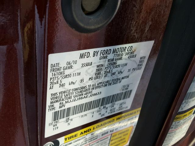 5LMJJ2J56AEJ09633 - 2010 LINCOLN NAVIGATOR წითელი ფოტო 10