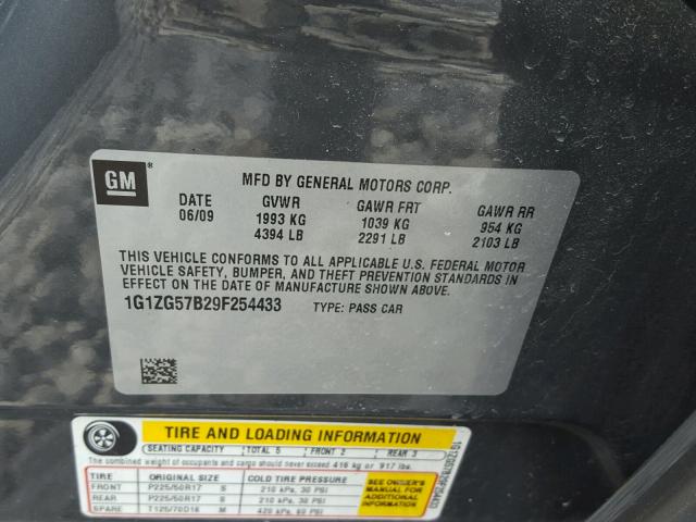 1G1ZG57B29F254433 - 2009 CHEVROLET MALIBU LS ნაცრისფერი ფოტო 10