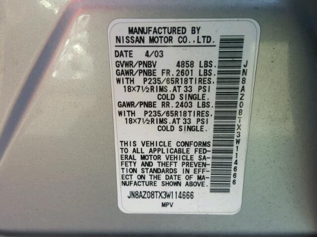 JN8AZ08TX3W114666 - 2003 NISSAN MURANO SL SILVER photo 10