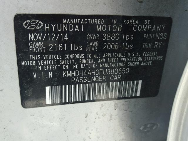 KMHDH4AH3FU380650 - 2015 HYUNDAI ELANTRA SE SILVER photo 10