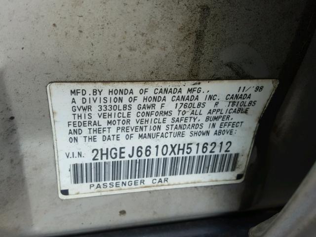 2HGEJ6610XH516212 - 1999 HONDA CIVIC BASE SILVER photo 10