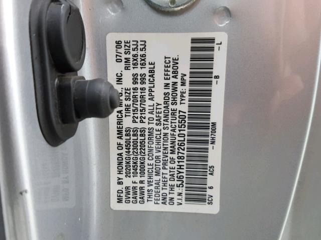 5J6YH18726L015507 - 2006 HONDA ELEMENT EX SILVER photo 10