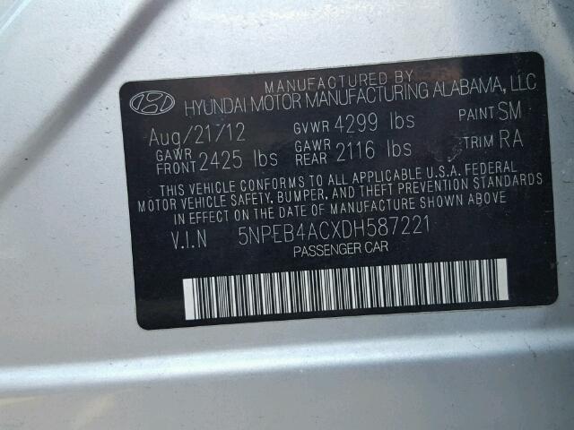 5NPEB4ACXDH587221 - 2013 HYUNDAI SONATA GLS SILVER photo 10