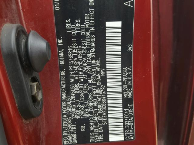 5TDZA23C86S445792 - 2006 TOYOTA SIENNA CE BURGUNDY photo 10