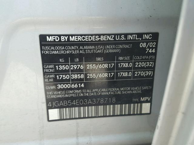 4JGAB54E03A378718 - 2003 MERCEDES-BENZ ML 320 SILVER photo 10