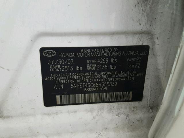 5NPET46C68H355839 - 2008 HYUNDAI SONATA GLS WHITE photo 10