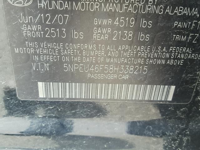 5NPEU46F58H338215 - 2008 HYUNDAI SONATA SE BLACK photo 10