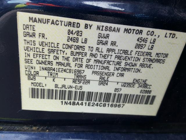 1N4BA41E24C816967 - 2004 NISSAN MAXIMA SE BLUE photo 10