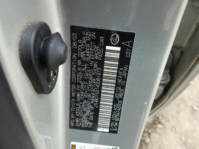 JTHBD192140081473 - 2004 LEXUS IS 300 SILVER photo 10