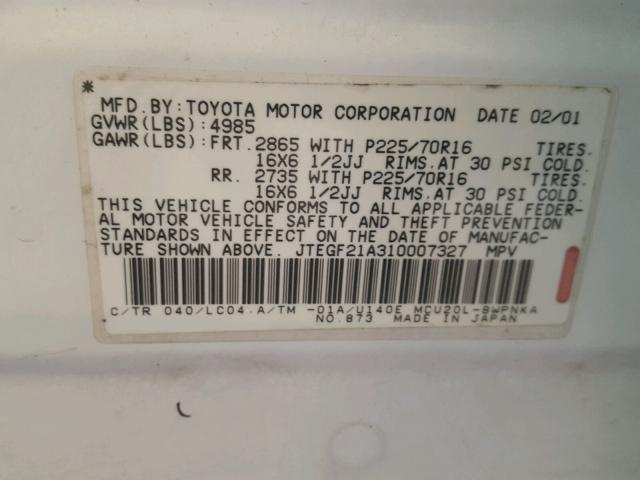 JTEGF21A310007327 - 2001 TOYOTA HIGHLANDER WHITE photo 10