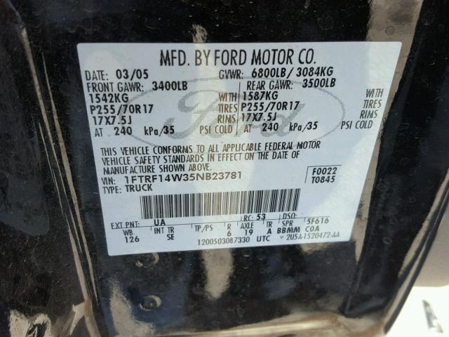 1FTRF14W35NB23781 - 2005 FORD F150 BLACK photo 10