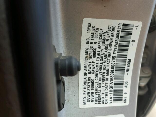 1HGFA16809L008705 - 2009 HONDA CIVIC EX SILVER photo 10