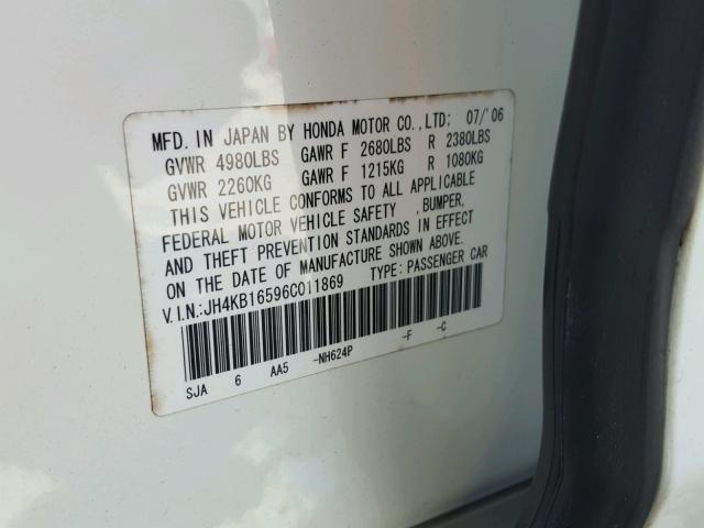 JH4KB16596C011869 - 2006 ACURA RL თეთრი ფოტო 10