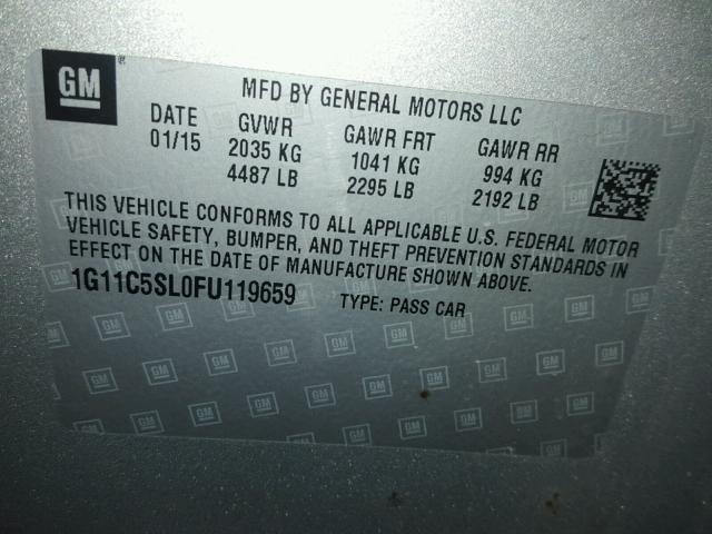 1G11C5SL0FU119659 - 2015 CHEVROLET MALIBU 1LT ვერცხლისფერი ფოტო 10