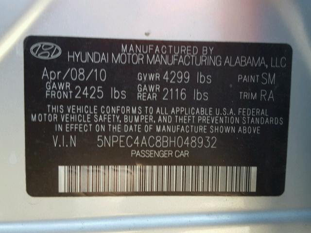 5NPEC4AC8BH048932 - 2011 HYUNDAI SONATA SE SILVER photo 10