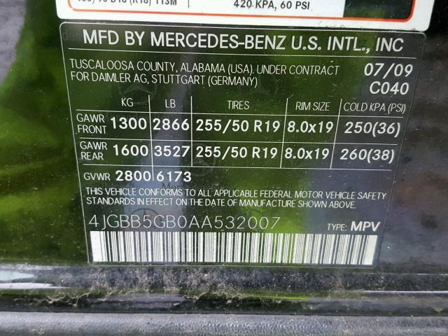 4JGBB5GB0AA532007 - 2010 MERCEDES-BENZ ML 350 BLACK photo 10