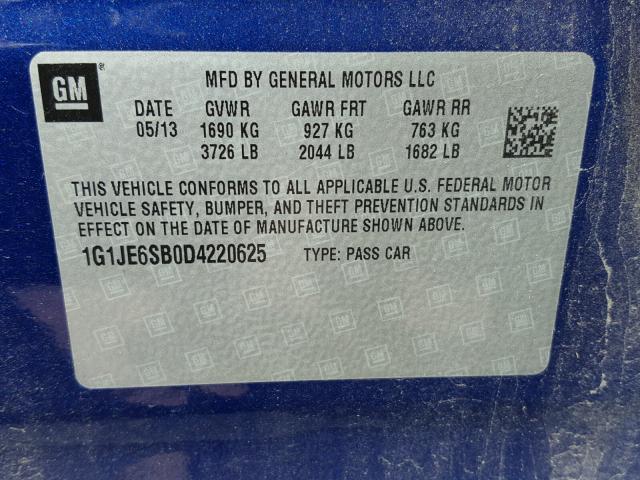 1G1JE6SB0D4220625 - 2013 CHEVROLET SONIC LTZ BLUE photo 10