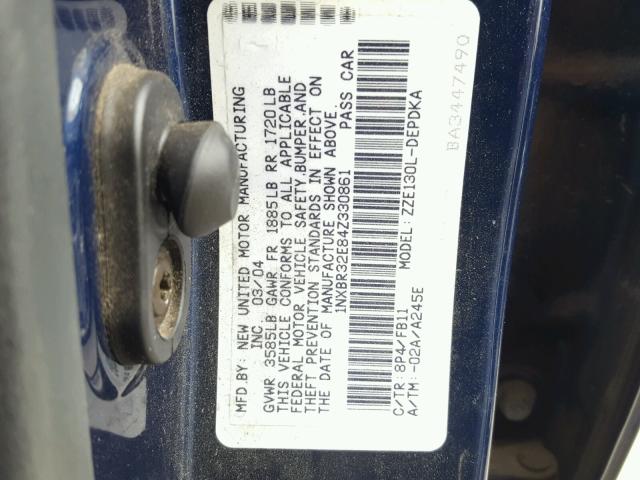 1NXBR32E84Z330861 - 2004 TOYOTA COROLLA CE BLUE photo 10