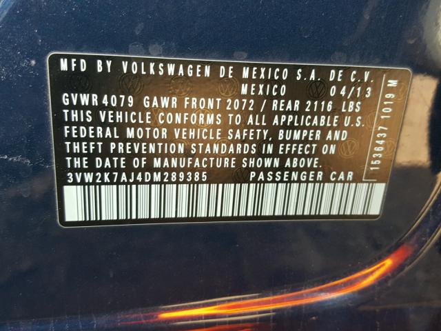 3VW2K7AJ4DM289385 - 2013 VOLKSWAGEN JETTA BASE 蓝色 照片 10
