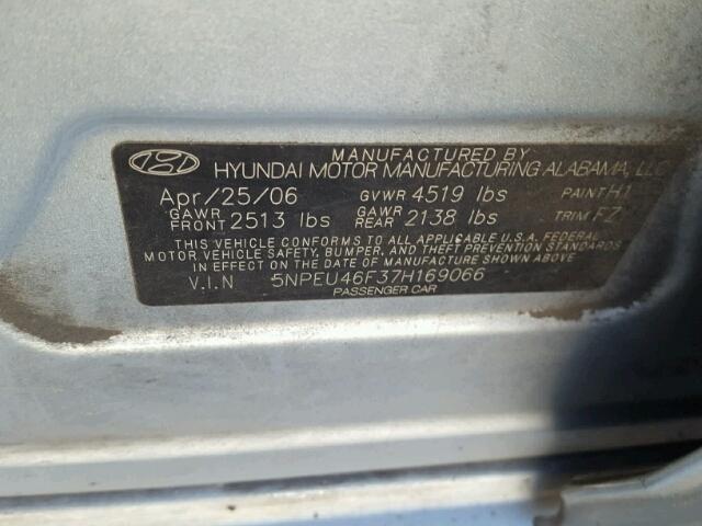 5NPEU46F37H169066 - 2007 HYUNDAI SONATA SE SILVER photo 10