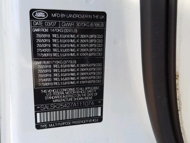 SALSK25427A111074 - 2007 LAND ROVER RANGE ROVE WHITE photo 10