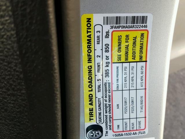 3FAHP0HA0AR322446 - 2010 FORD FUSION SE SILVER photo 10