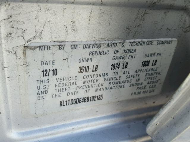 KL1TD5DE4BB192185 - 2011 CHEVROLET AVEO LS SILVER photo 10