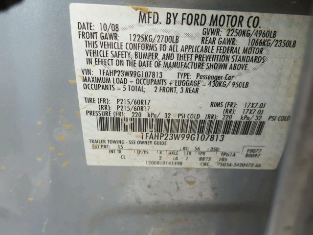 1FAHP23W99G107813 - 2009 FORD TAURUS SE BLUE photo 10