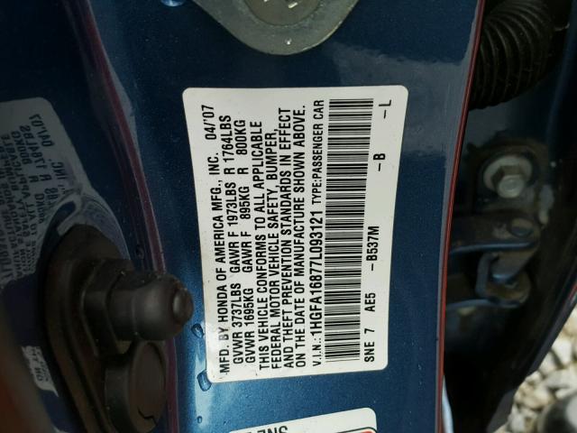 1HGFA16877L093121 - 2007 HONDA CIVIC EX BLUE photo 10