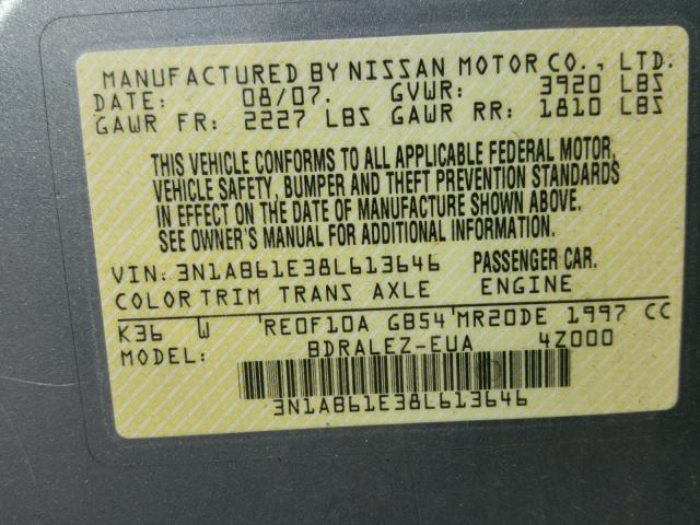 3N1AB61E38L613646 - 2008 NISSAN SENTRA 2.0 GRAY photo 10